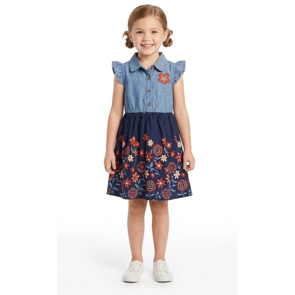 Picapino Girls 6 Chambray Denim Floral Skirt Dress Flutter Sleeve Button Front